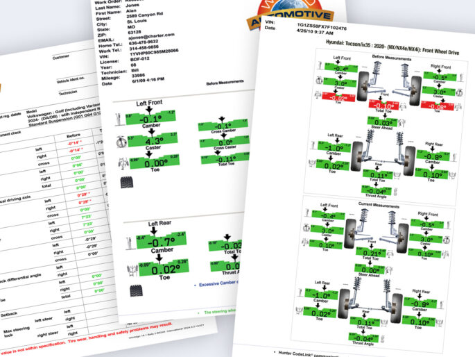 Hunter Engineering wheel alignment result printouts