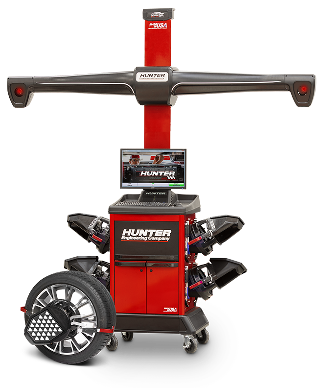 Hunter Engineering WinAlign Lite wheel alignment machine and tyre with QuickGrip adaptor attached